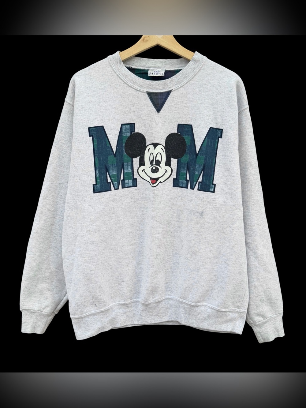 Vintage 90s Mickey Mouse MOM Sweatshirt Gray Size XL Disney USA Plaid